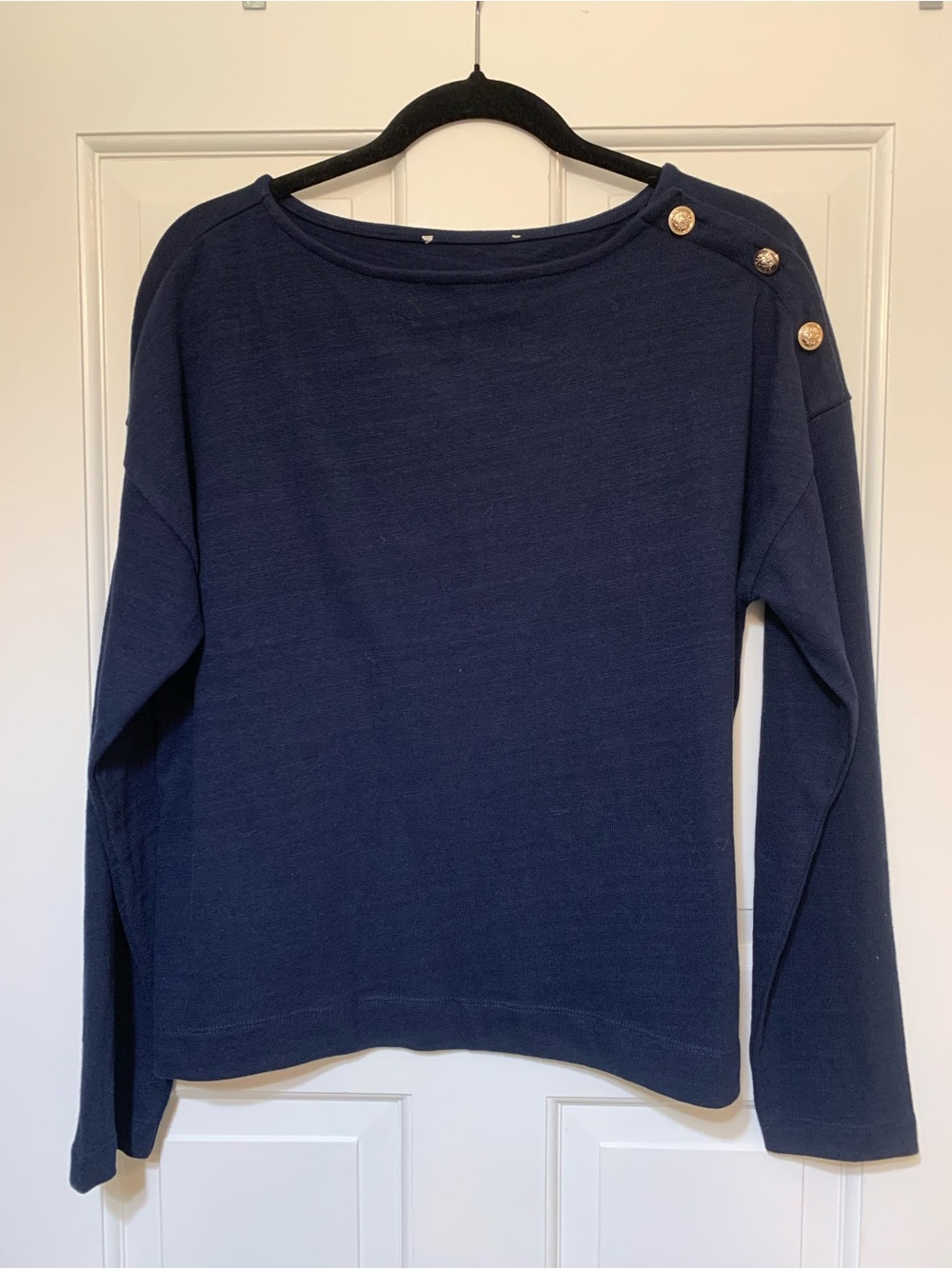 LOFT Navy Button-Shoulder Long Sleeve Top - Medium